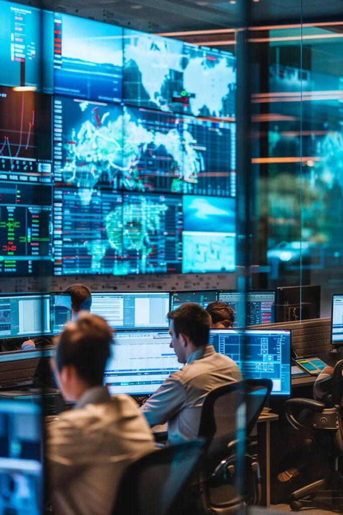 a dynamic urban office scene showcases a diverse team of professionals analyzing complex data on multiple screens, highlighting the intricate relationship between geographic risk factors and auto insurance pricing tailored for natural disasters.