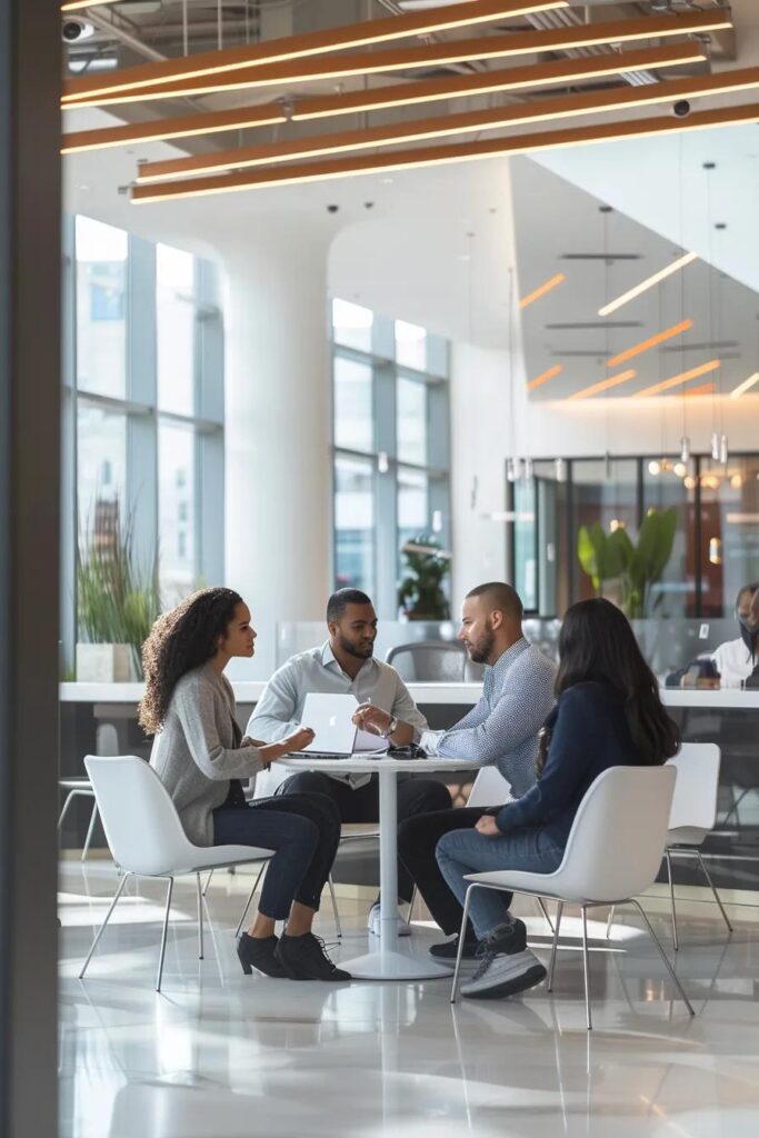 a sleek, modern office environment features a diverse group of professionals engaged in a collaborative discussion over auto insurance claims, with digital devices displaying interactive support tools and live chat interfaces illuminating their focused expressions.