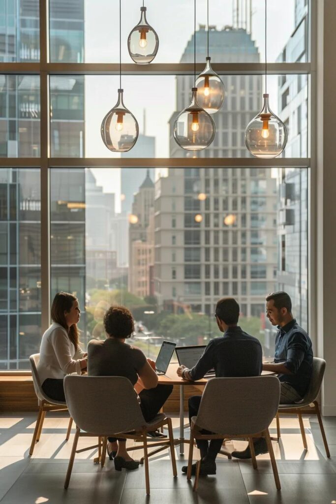 a sleek, modern office space features a diverse group of professionals engaged in a dynamic discussion about various car insurance coverage options on digital tablets, with a backdrop of large windows showcasing a bustling urban skyline.
