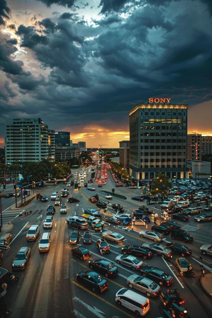 a dynamic urban intersection in tulsa bustling with diverse vehicles and pedestrians, showcasing the impact of traffic congestion on insurance premiums, set against a backdrop of modern office buildings under a stormy sky.