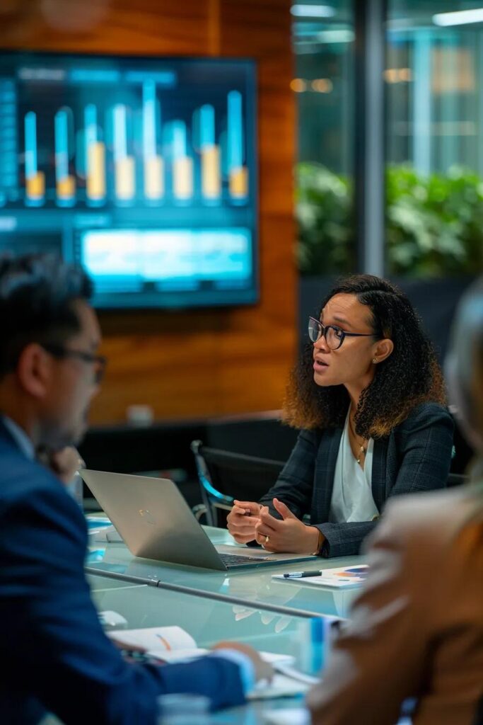 a professional office setting showcases a diverse group of insurance agents engaged in a dynamic discussion about the impact of uninsured and underinsured motorist coverages on premium rates, with data charts and policy documents prominently displayed on sleek modern desks.