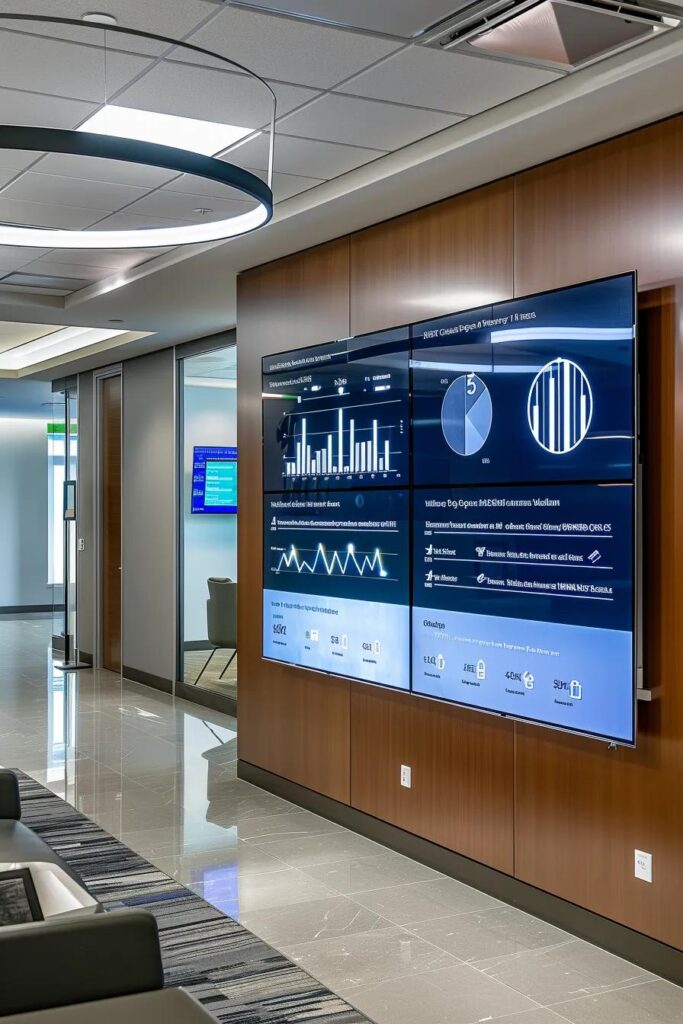 a sleek, modern office space features a digital display board showcasing a clear infographic that visually contrasts liability, collision, and comprehensive insurance coverage costs, highlighting their unique risks and financial implications in a professional and engaging manner.