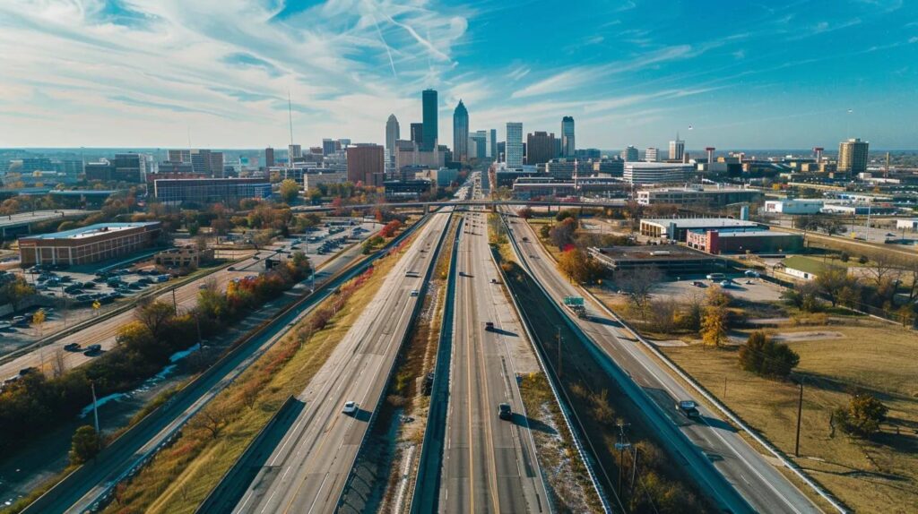 An aerial view of Tulsa’s skyline or a mix of urban and rural roads (e.g., Route 66 or I-44) to showcase the city’s diverse driving environments.