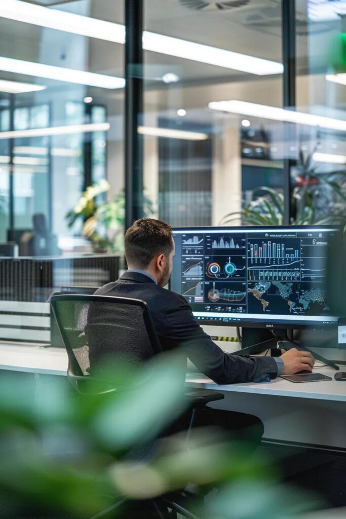 a modern office setting showcases a focused insurance agent at a sleek desk, analyzing digital policy documents and data on a vibrant screen, with technology and insurance visuals subtly integrated in the background, conveying a theme of proactive vehicle insurance management amidst evolving climate challenges.