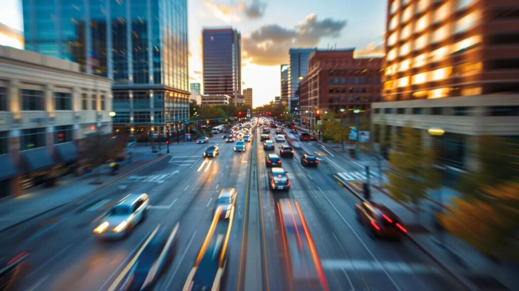 A wide-angle shot of a busy Tulsa street, such as downtown Tulsa near the BOK Center or a well-known intersection, with cars in motion to convey the city’s driving environment.