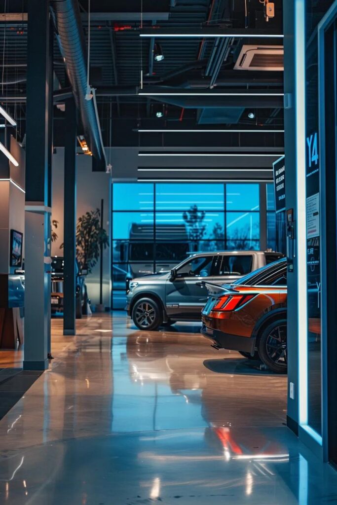 a sleek office environment showcases two vehicles—a modern car and a rugged truck—parked side by side, highlighting the contrasting insurance pricing dynamics through visual elements like tags denoting lower and higher premiums, under sharp artificial lighting that emphasizes their distinct designs and features.