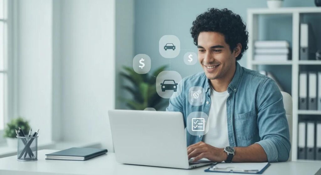 A person at a laptop comparing insurance quotes, with icons like a car, dollar sign, and checklist floating around them. Use a clean, modern office setting with a bright blue and white color scheme to convey decision-making and clarity.