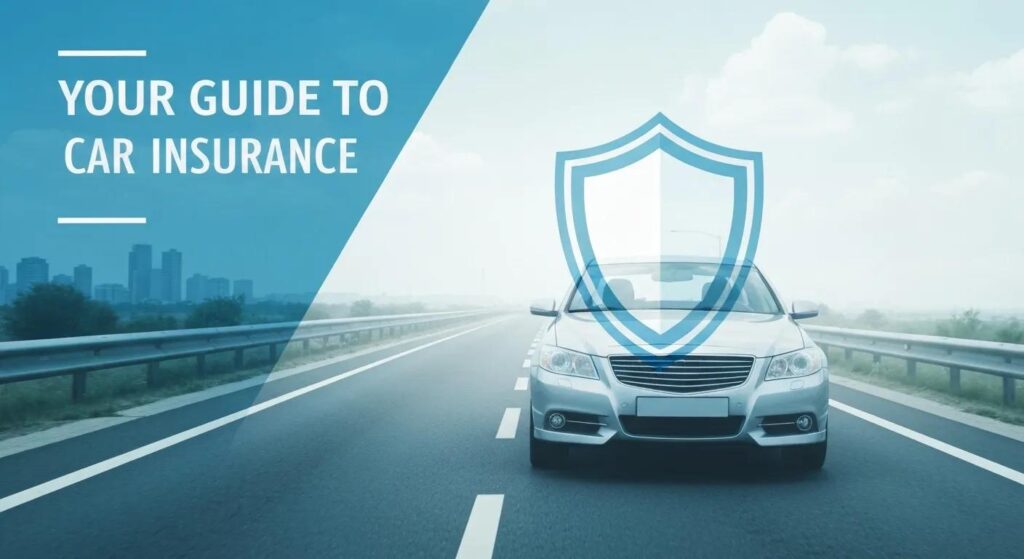 A clean, modern graphic featuring a car on an open road with a shield icon overlaying it, symbolizing protection. The background could include a subtle cityscape or highway to reflect driving environments. Use a bright, inviting color palette (blues and greens) to convey trust and safety. Include text overlay like “Your Guide to Car Insurance” in bold, readable font to grab attention.